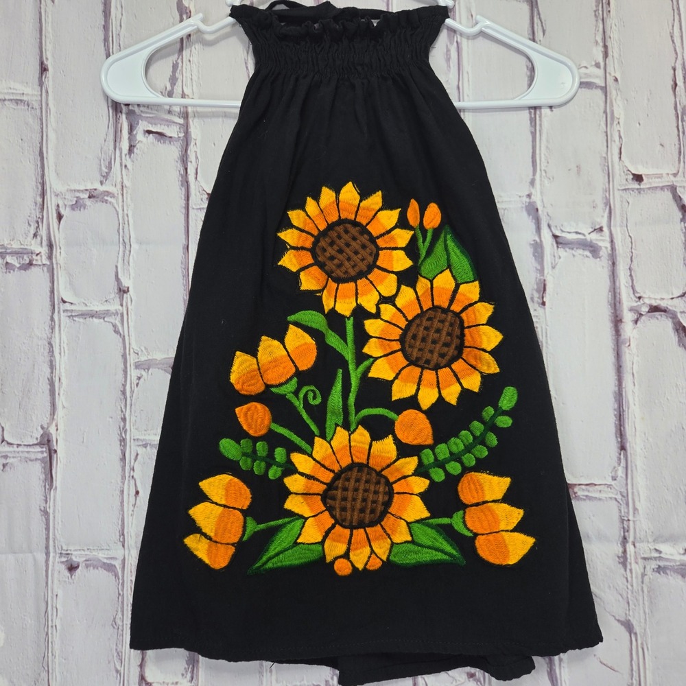 Embroidered Black Sunflower Halter Top Smocked Waist Beach Festival‎ Boho Sz XXS